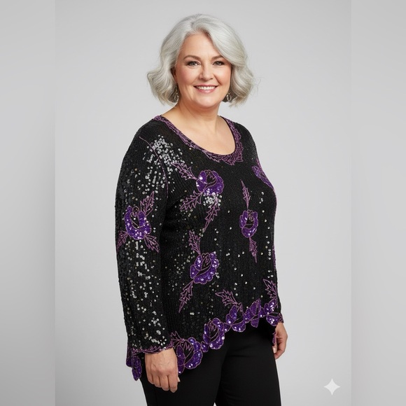 Elegant Black and Purple Sequin Blouse